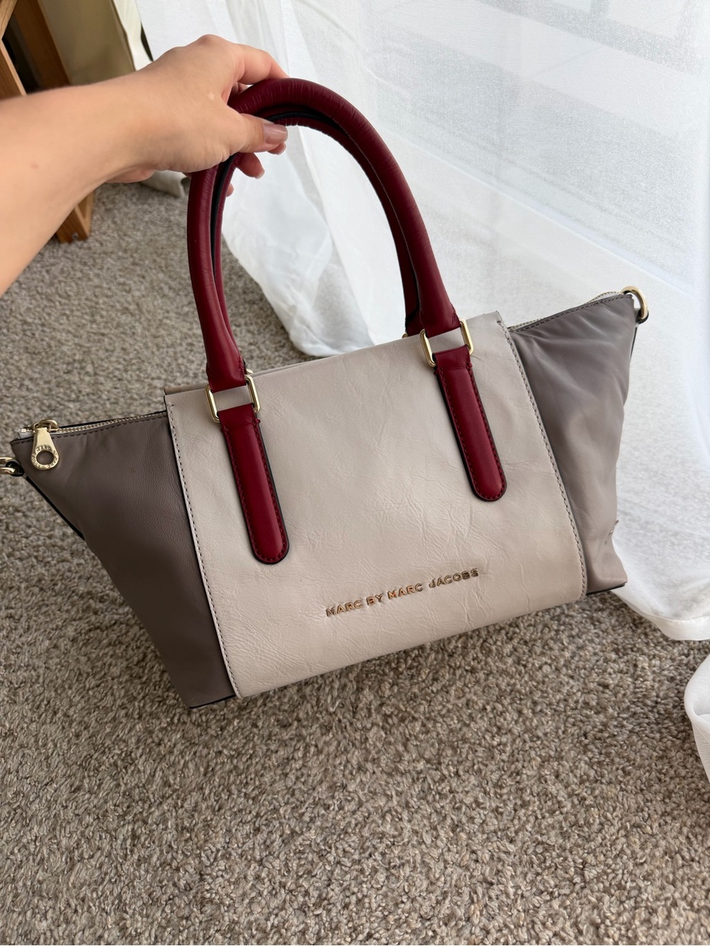 Marc by Marc Jacobs Colorblock Satchel Top Handle Bag Gray Beige Burgundy Zip